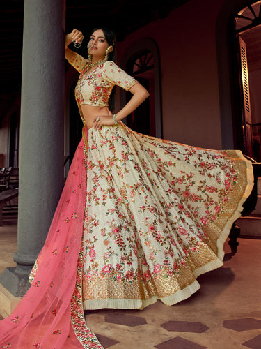 Apricot Swarovski Embroidered Semi Stitched Lehenga With Unstitched Blouse Clothsvilla