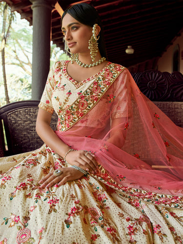 Apricot Swarovski Embroidered Semi Stitched Lehenga With Unstitched Blouse Clothsvilla