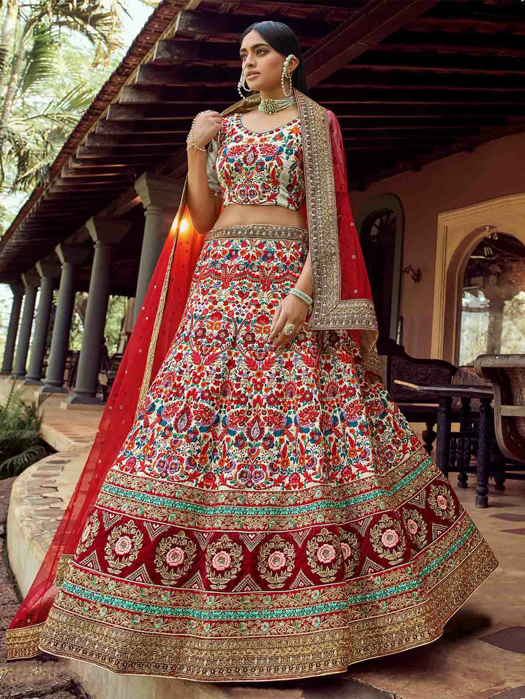 Multicolor Embroidered Art Silk Semi Stitched Lehenga With Unstitched Blouse Clothsvilla