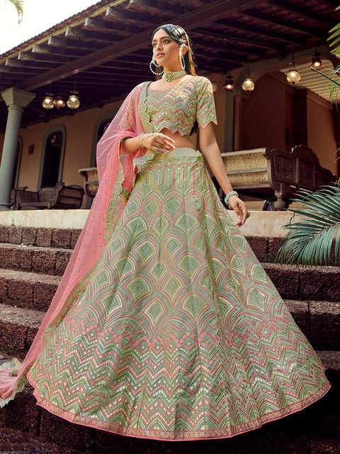 Green Embroidered Organza Semi Stitched Lehenga With Unstitched Blouse Clothsvilla Main image