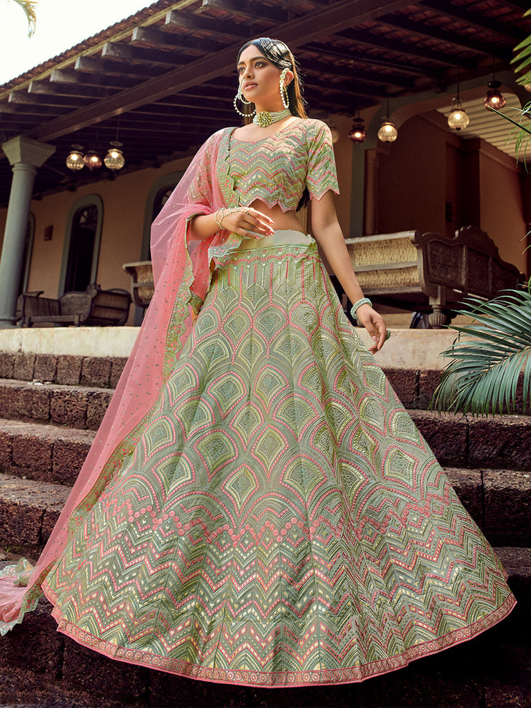 Green Embroidered Organza Semi Stitched Lehenga With Unstitched Blouse Clothsvilla