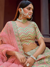 Load image into Gallery viewer, Green Embroidered Organza Semi Stitched Lehenga With Unstitched Blouse Clothsvilla