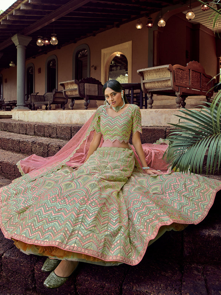 Green Embroidered Organza Semi Stitched Lehenga With Unstitched Blouse Clothsvilla