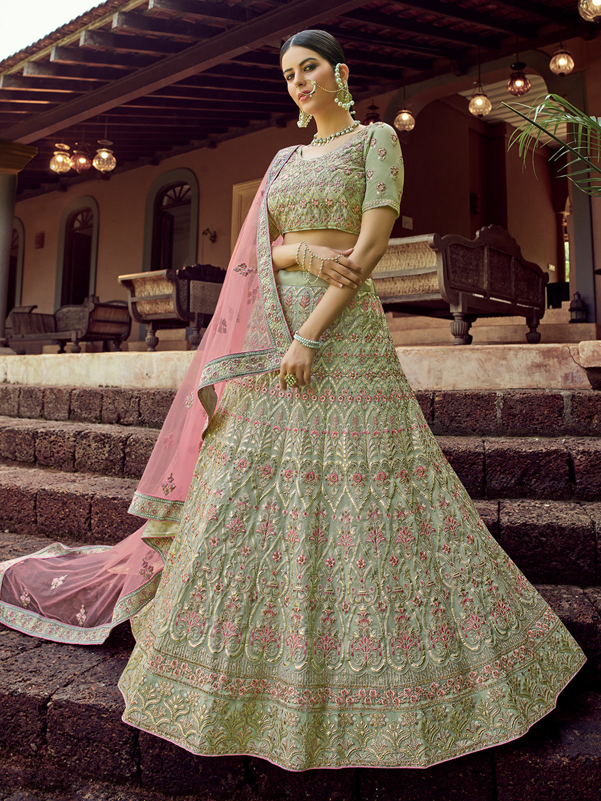 Green Embroidered Georgette Semi Stitched Lehenga With Unstitched Blouse Clothsvilla Main image