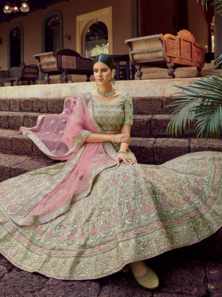 Green Embroidered Georgette Semi Stitched Lehenga With Unstitched Blouse Clothsvilla