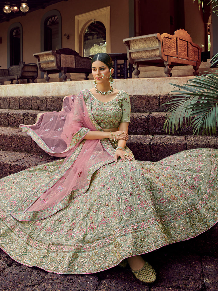 Green Embroidered Georgette Semi Stitched Lehenga With Unstitched Blouse Clothsvilla