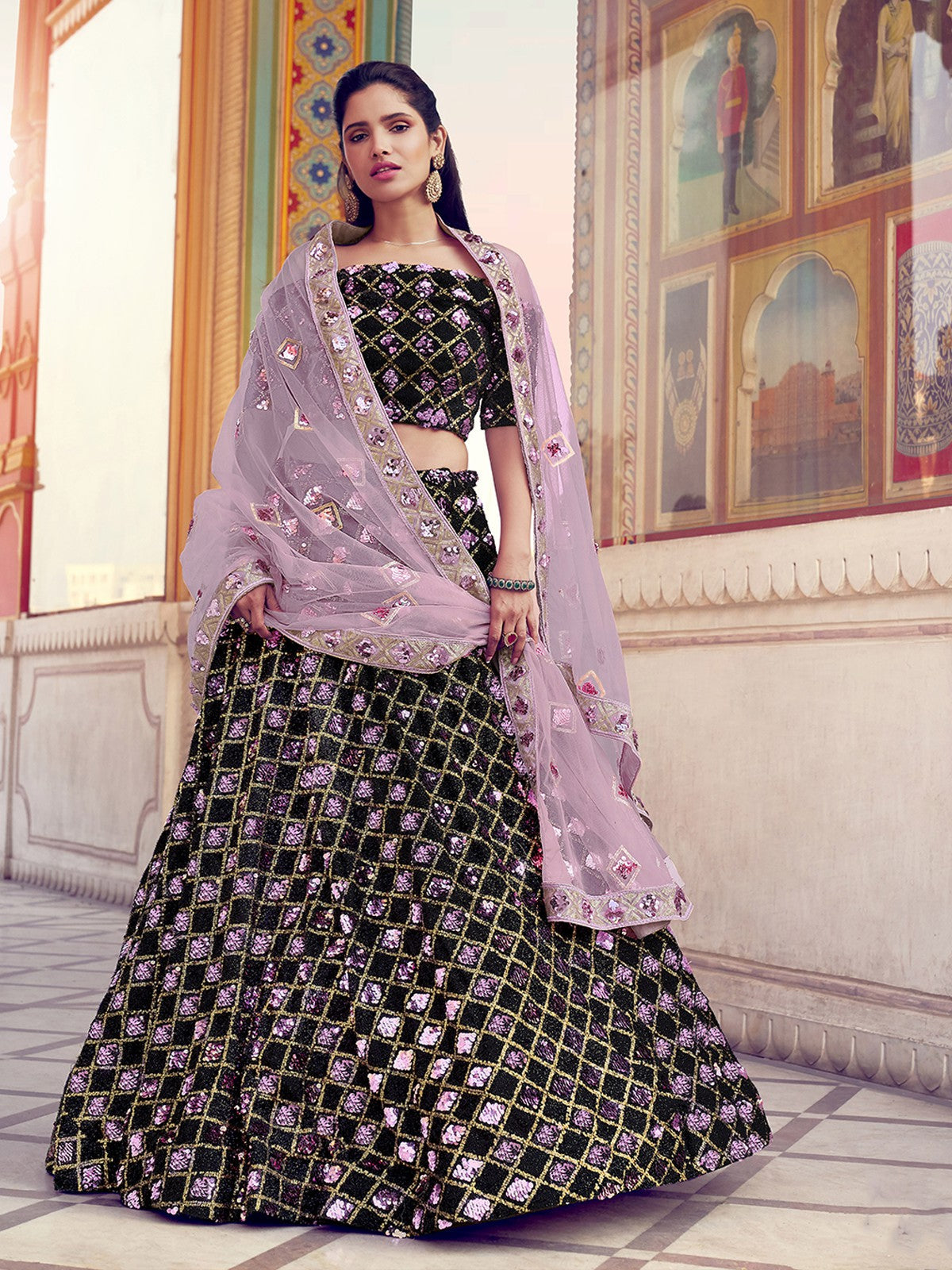 Black Designer Sequins Semi Stitched Lehenga With  Unstitched Blouse Clothsvilla Main image