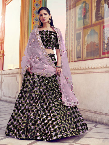 Black Designer Sequins Semi Stitched Lehenga With  Unstitched Blouse Clothsvilla