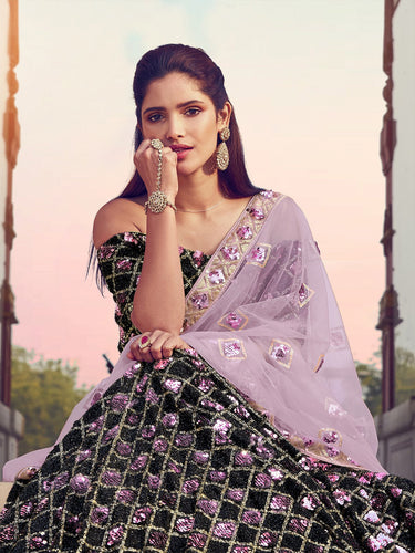 Black Designer Sequins Semi Stitched Lehenga With  Unstitched Blouse Clothsvilla