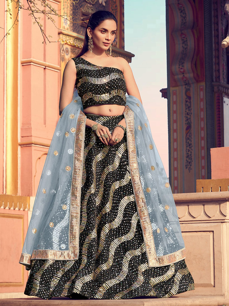 Black Classy Semi Stitched Lehenga With  Unstitched Blouse Clothsvilla