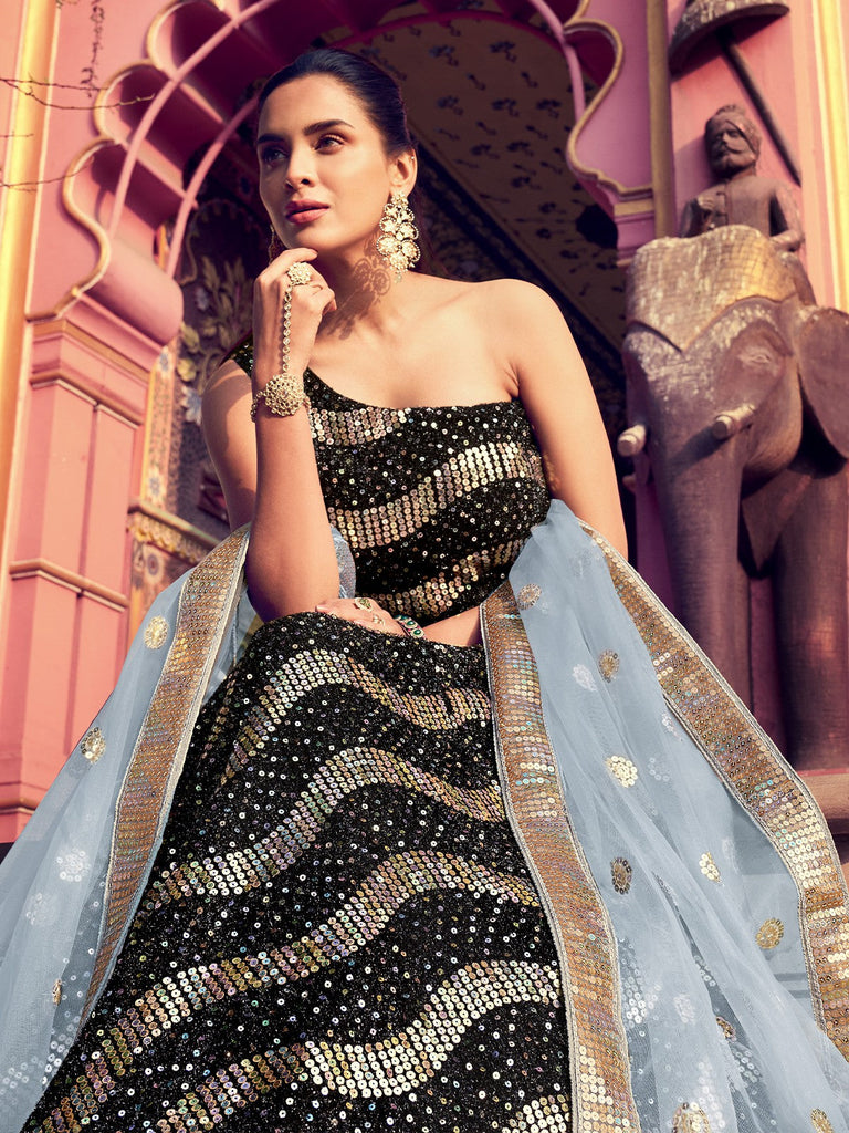 Black Classy Semi Stitched Lehenga With  Unstitched Blouse Clothsvilla