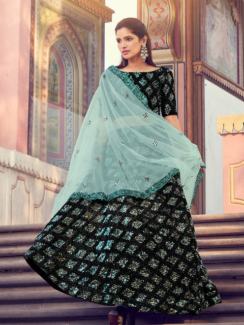 Black Elegant Semi Stitched Lehenga With  Unstitched Blouse Clothsvilla Main image