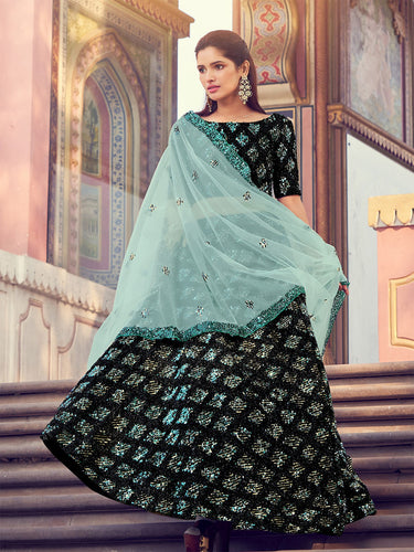 Black Elegant Semi Stitched Lehenga With  Unstitched Blouse Clothsvilla
