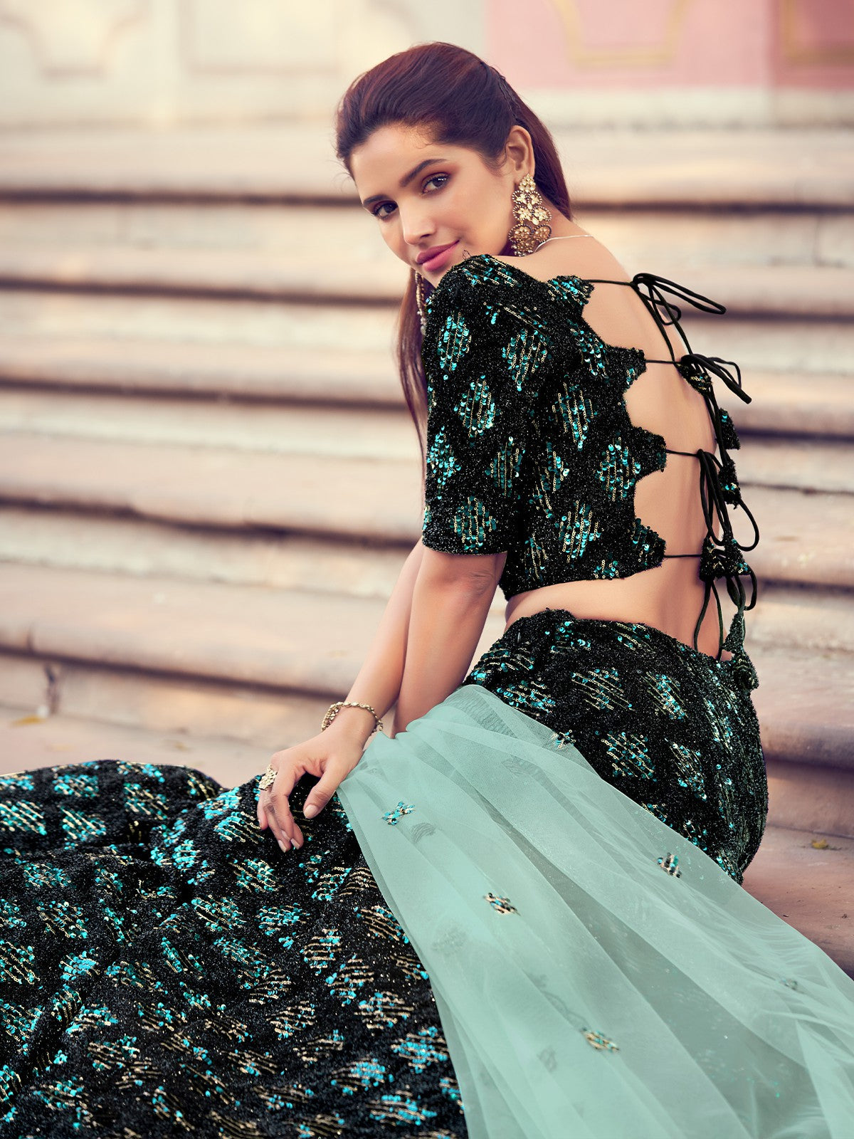 Black Elegant Semi Stitched Lehenga With  Unstitched Blouse Clothsvilla