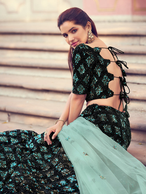 Black Elegant Semi Stitched Lehenga With  Unstitched Blouse Clothsvilla