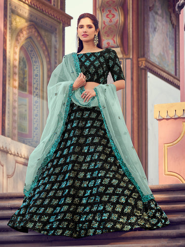 Black Elegant Semi Stitched Lehenga With  Unstitched Blouse Clothsvilla