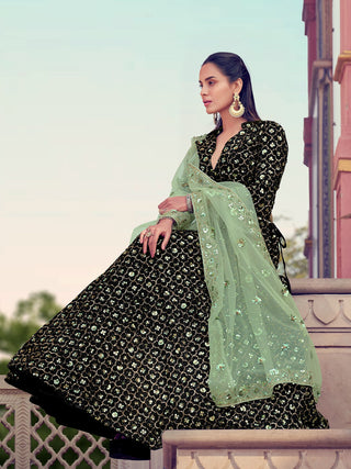 Beautiful Black  Semi Stitched Lehenga With  Unstitched Blouse Clothsvilla