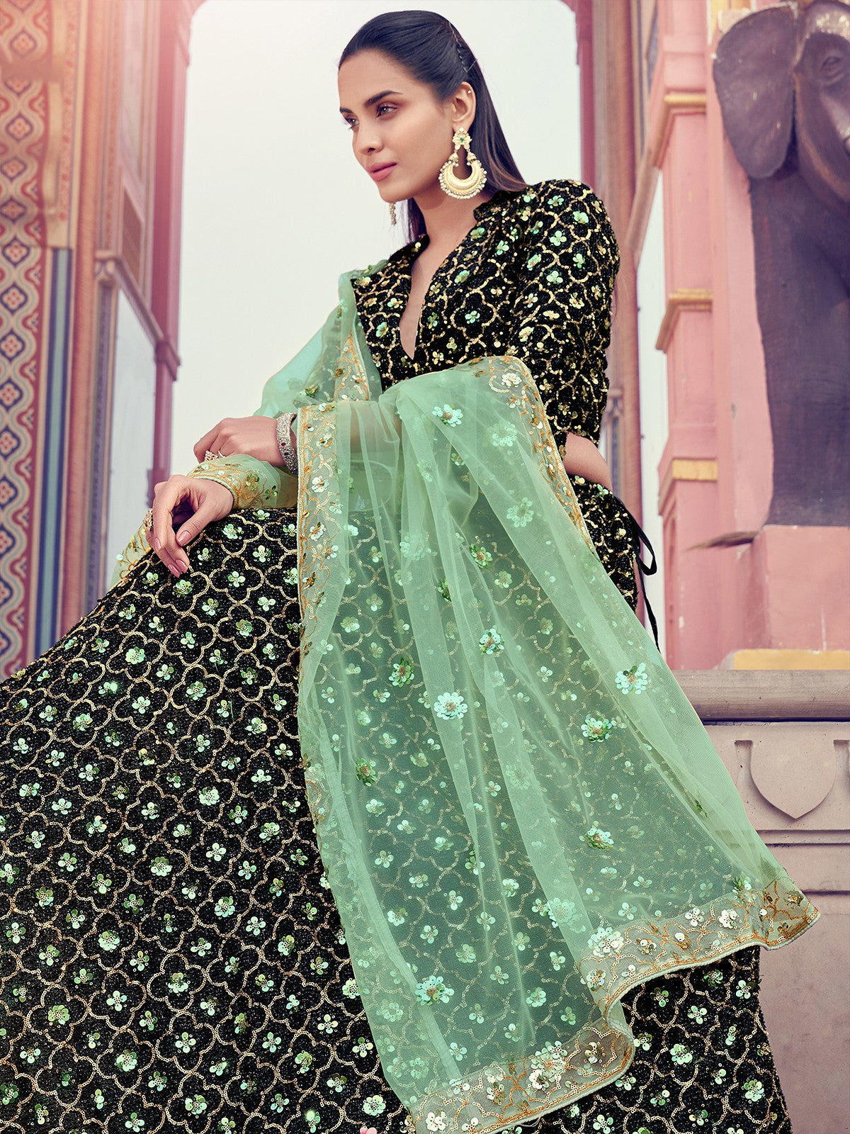 Beautiful Black  Semi Stitched Lehenga With  Unstitched Blouse Clothsvilla