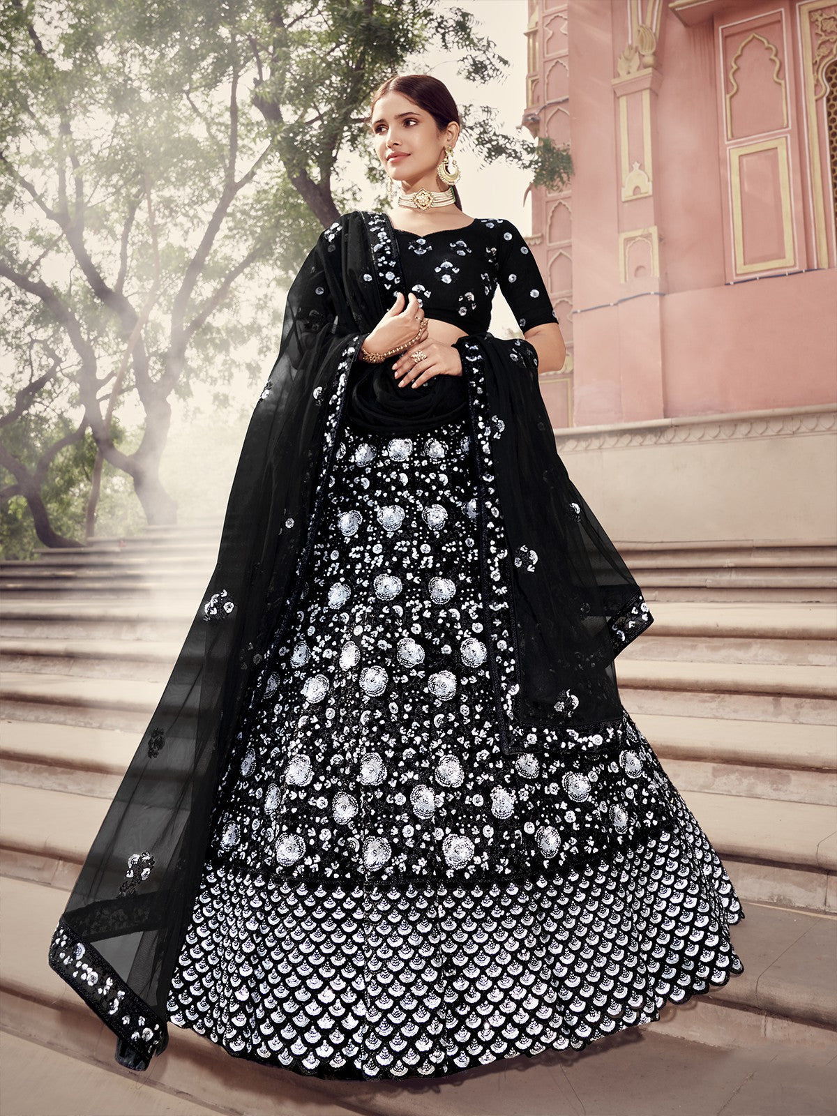 Black Designer Sequins Semi Stitched Lehenga With  Unstitched Blouse Clothsvilla