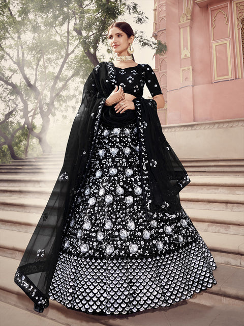 Black Designer Sequins Semi Stitched Lehenga With  Unstitched Blouse Clothsvilla Main image