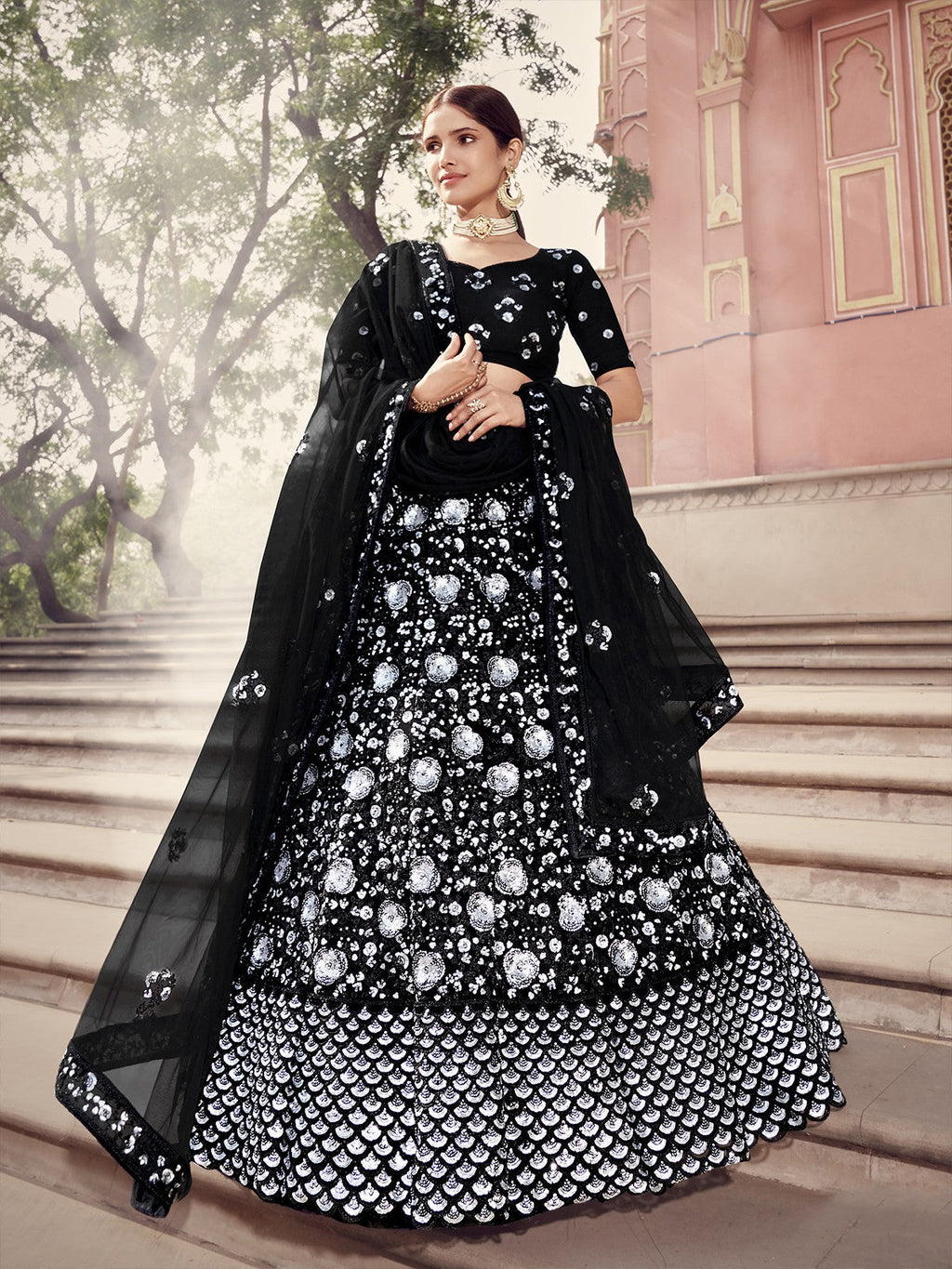 Black Designer Sequins Semi Stitched Lehenga With  Unstitched Blouse Clothsvilla