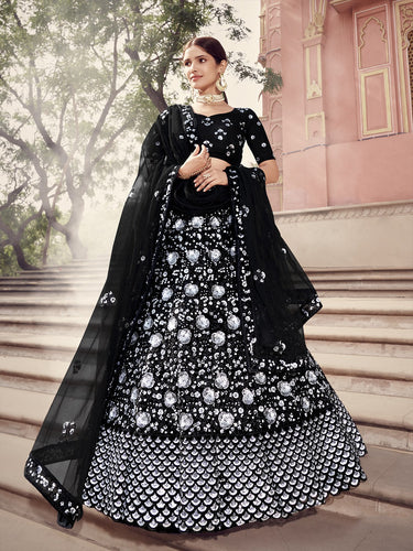 Black Designer Sequins Semi Stitched Lehenga With  Unstitched Blouse Clothsvilla
