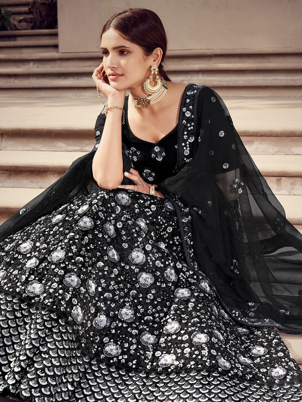 Black Designer Sequins Semi Stitched Lehenga With  Unstitched Blouse Clothsvilla