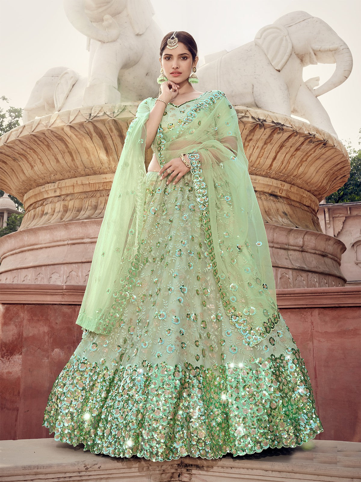 Green Sequins  Sassy Semi Stitched Lehenga With  Unstitched Blouse Clothsvilla