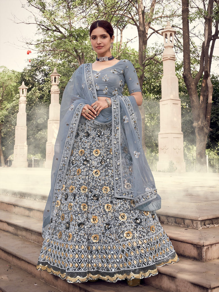 Buy Odette Blue Designer Embroidered Semi Stitched Lehenga With Unstitched  Blouse (Set of 3) online