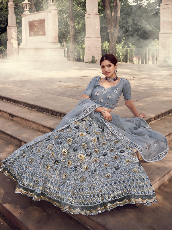 Grey Designer Semi Stitched Lehenga With  Unstitched Blouse Clothsvilla