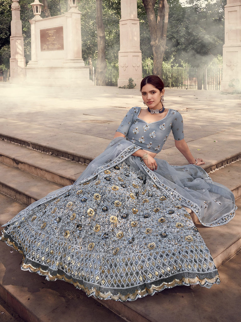 Grey Designer Semi Stitched Lehenga With  Unstitched Blouse Clothsvilla