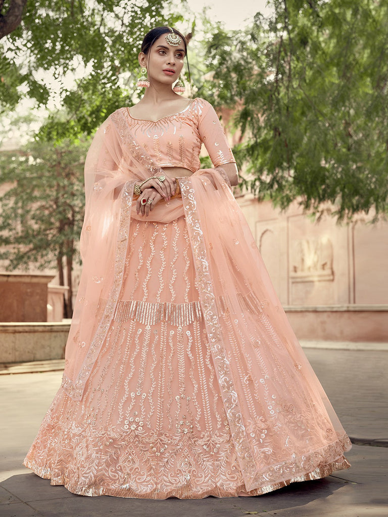 Peach Designer Semi Stitched Lehenga With  Unstitched Blouse Clothsvilla