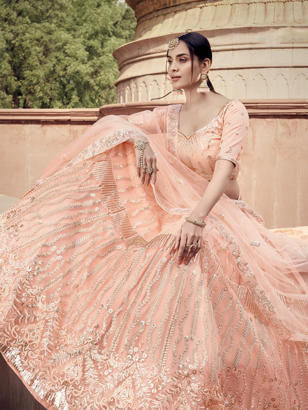 Peach Elegant  Semi Stitched Lehenga With  Unstitched Blouse Clothsvilla
