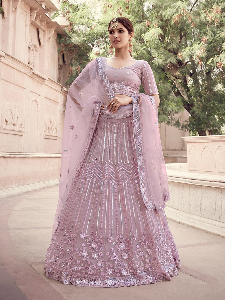 Impressive Lilac Soft Net Semi Stitched Lehenga With  Unstitched Blouse Clothsvilla