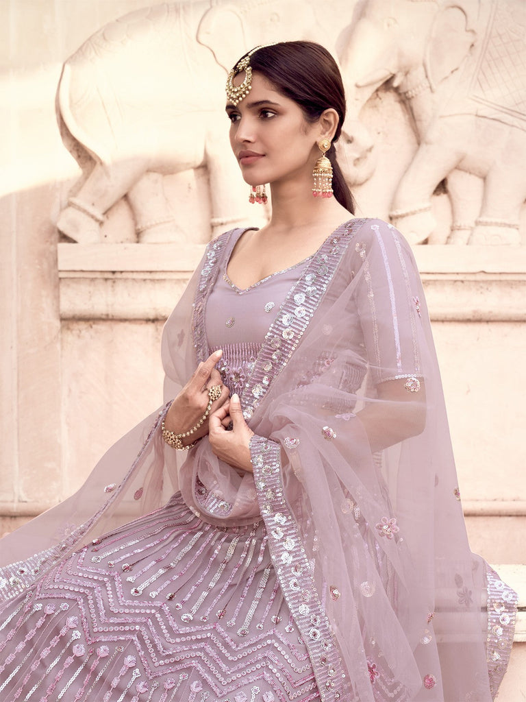 Impressive Lilac Soft Net Semi Stitched Lehenga With  Unstitched Blouse Clothsvilla