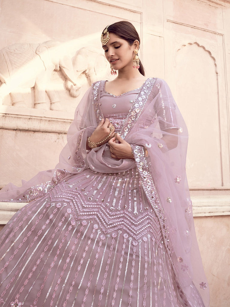 Impressive Lilac Soft Net Semi Stitched Lehenga With  Unstitched Blouse Clothsvilla