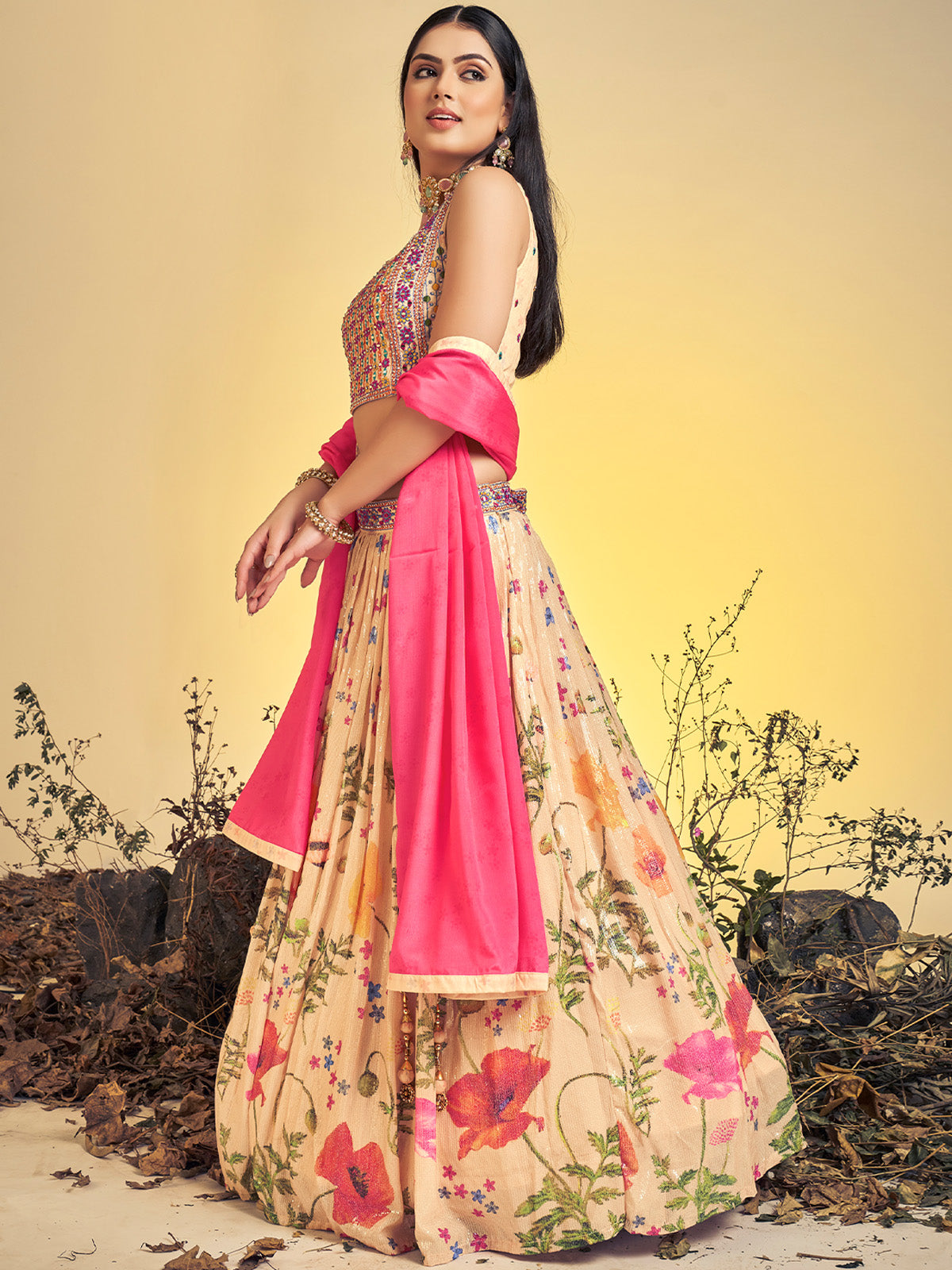 Beautiful Beige Art Silk Sequins Work Stitched Lehenga Choli Set Clothsvilla