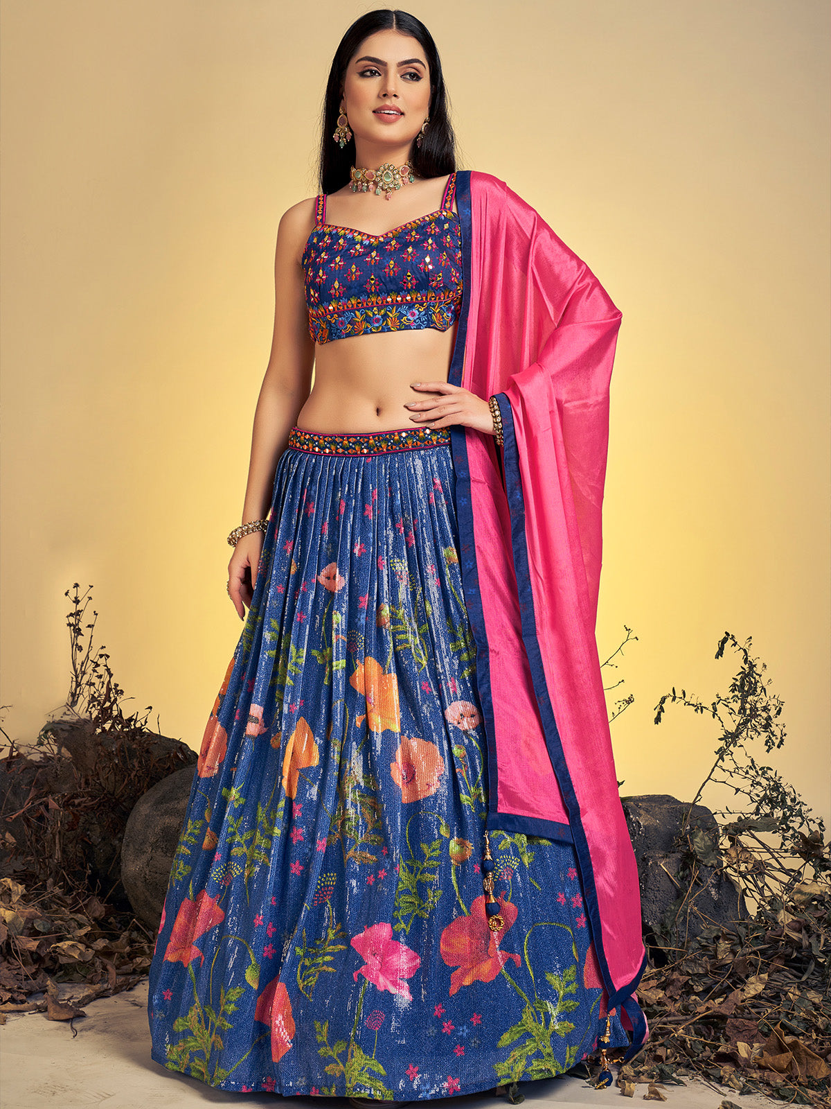 Classic Navy Blue Art Silk Sequins Work Stitched Lehenga Choli Set Clothsvilla