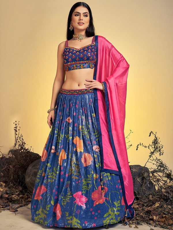 Classic Navy Blue Art Silk Sequins Work Stitched Lehenga Choli Set Clothsvilla
