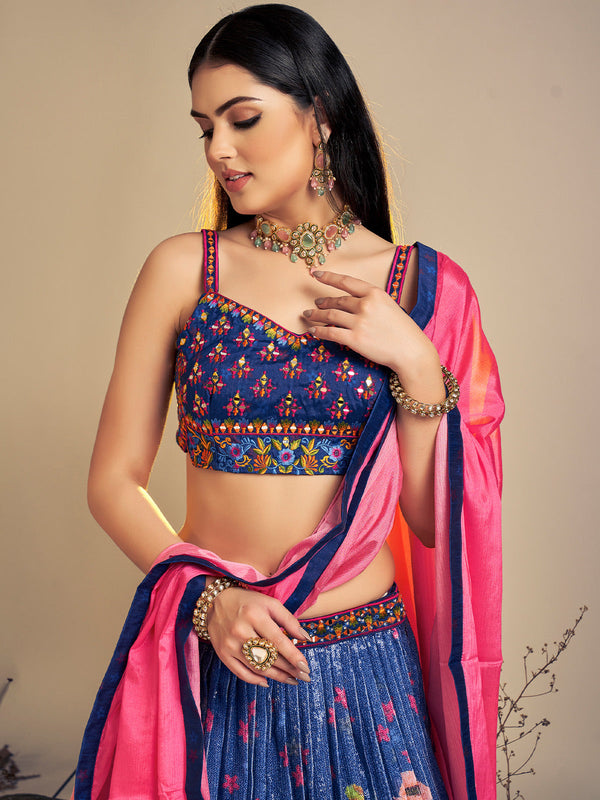 Classic Navy Blue Art Silk Sequins Work Stitched Lehenga Choli Set Clothsvilla