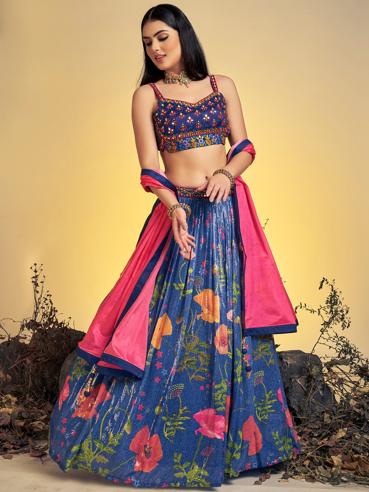 Classic Navy Blue Art Silk Sequins Work Stitched Lehenga Choli Set Clothsvilla