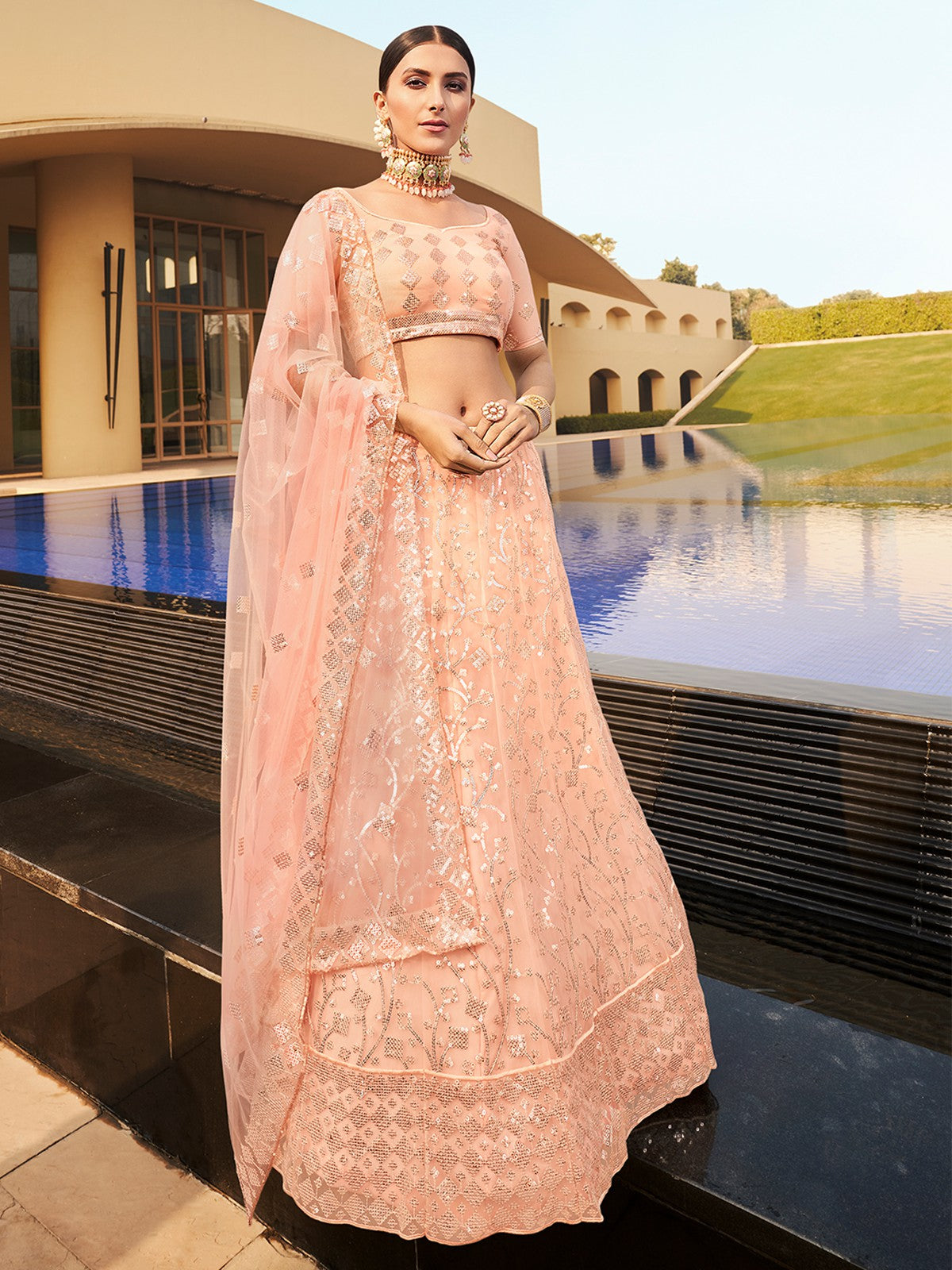 Peach Elegant  Semi Stitched Lehenga With  Unstitched Blouse Clothsvilla Main image