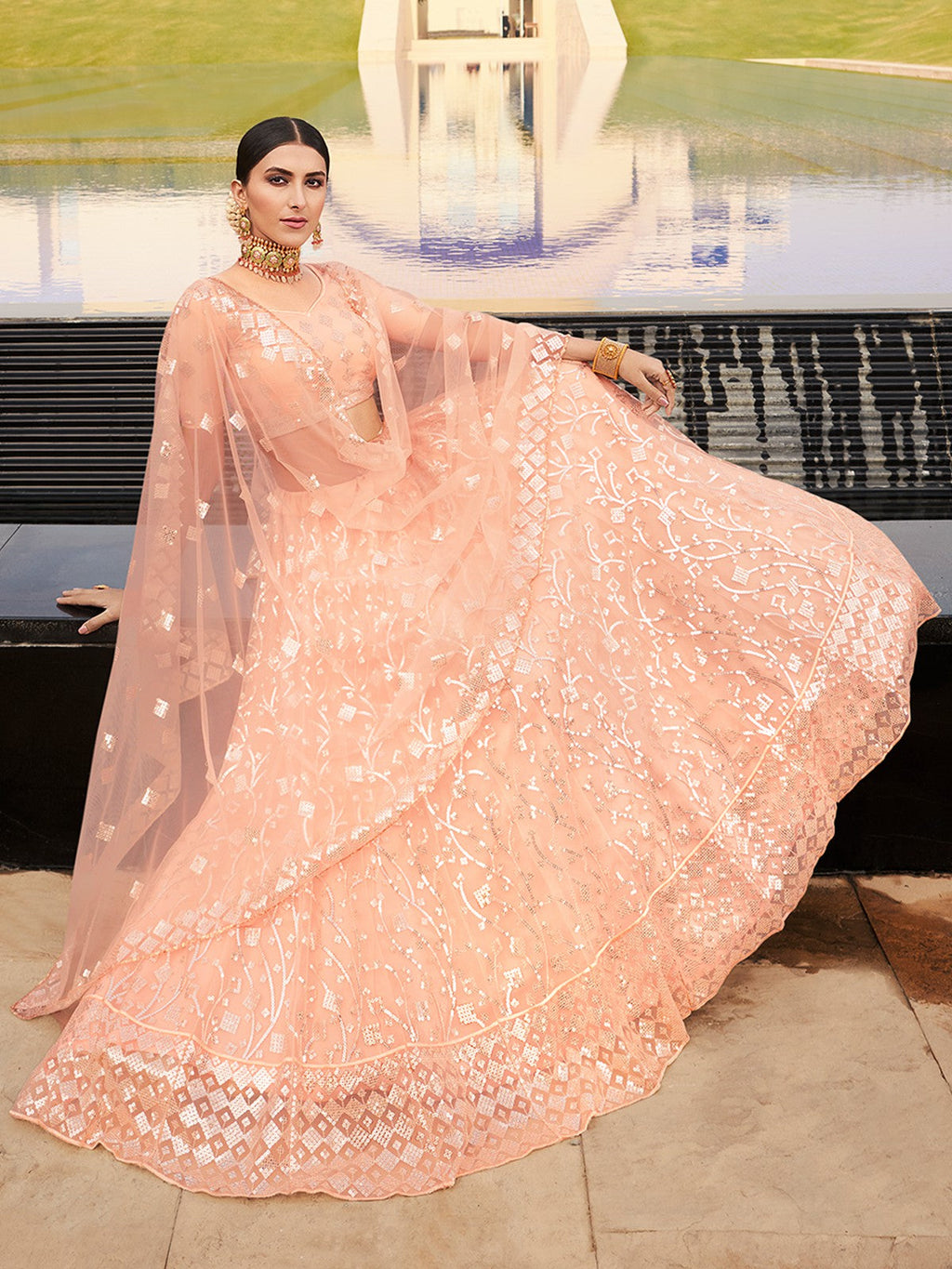 Peach Elegant  Semi Stitched Lehenga With  Unstitched Blouse Clothsvilla