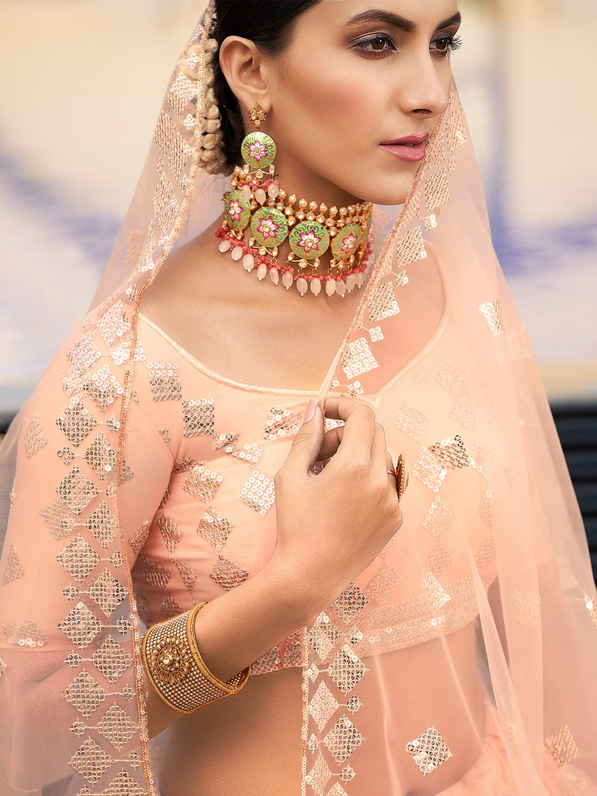 Peach Elegant  Semi Stitched Lehenga With  Unstitched Blouse Clothsvilla