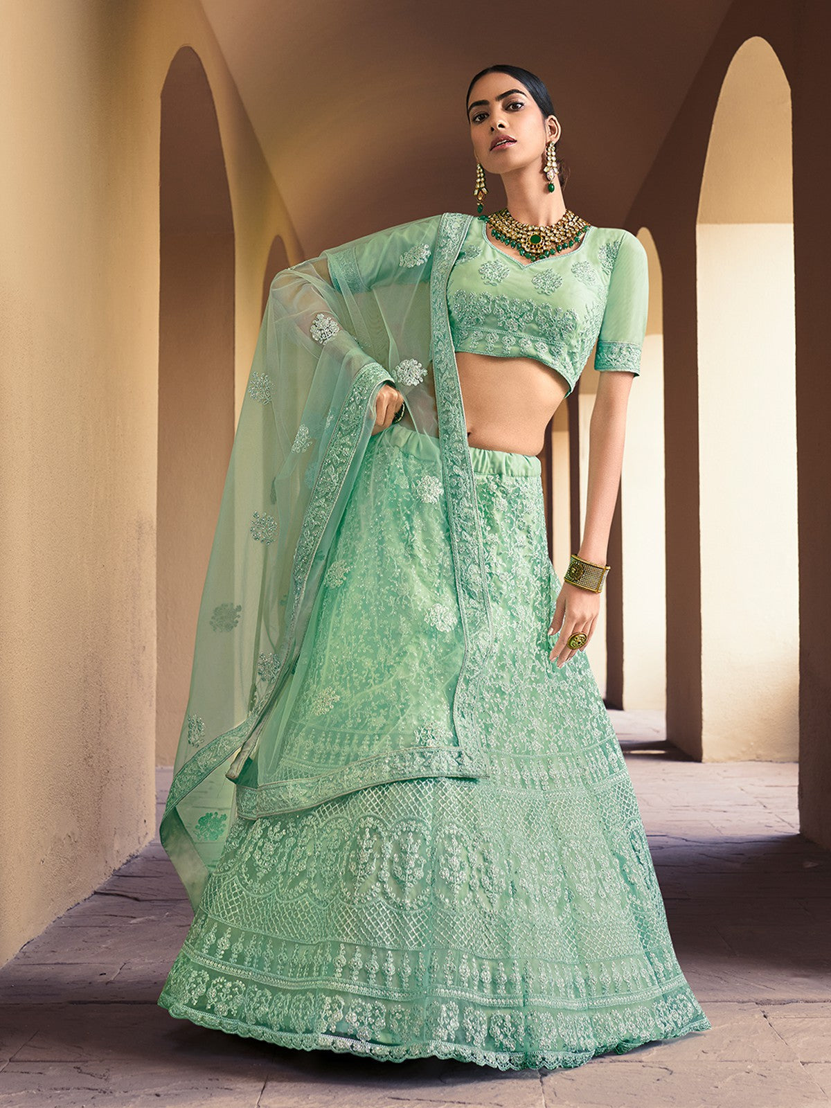 Sea Green Stunning Semi Stitched Lehenga With  Unstitched Blouse Clothsvilla