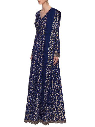 Navy Blue Art Sik Sequins Semi Stitched Gown Clothsvilla