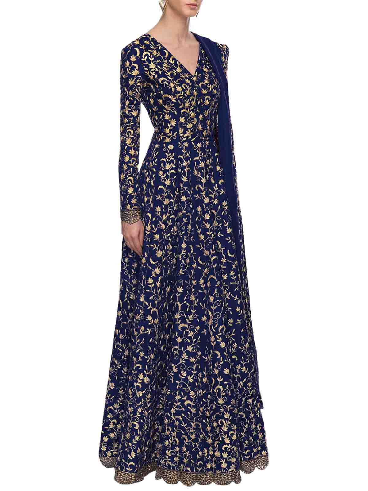 Navy Blue Art Sik Sequins Semi Stitched Gown Clothsvilla