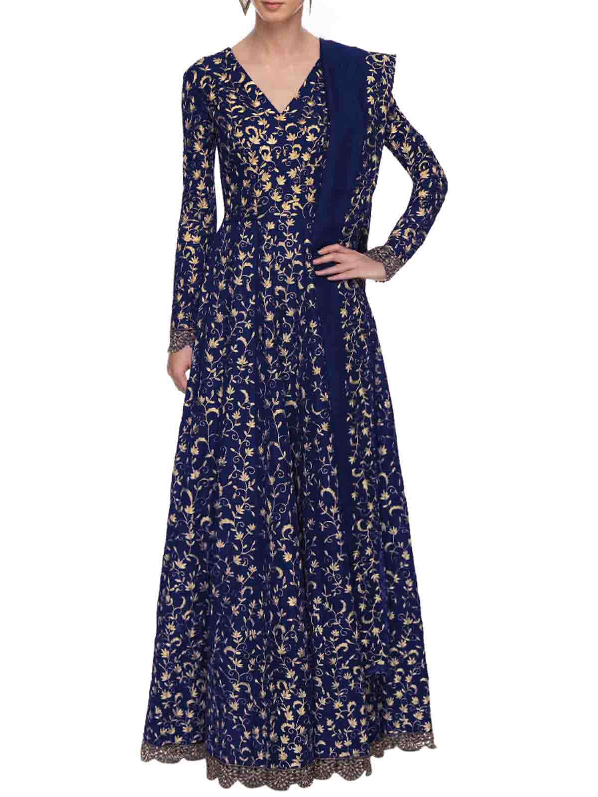 Navy Blue Art Sik Sequins Semi Stitched Gown Clothsvilla