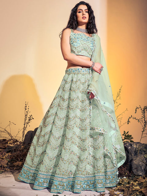 Classic Sea Green Soft Net Thread Work Stitched Lehenga Choli Set Clothsvilla Main image