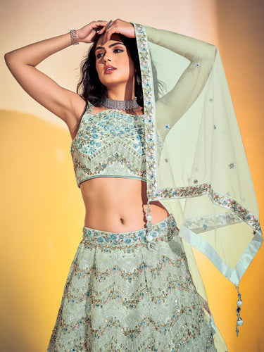 Classic Sea Green Soft Net Thread Work Stitched Lehenga Choli Set Clothsvilla